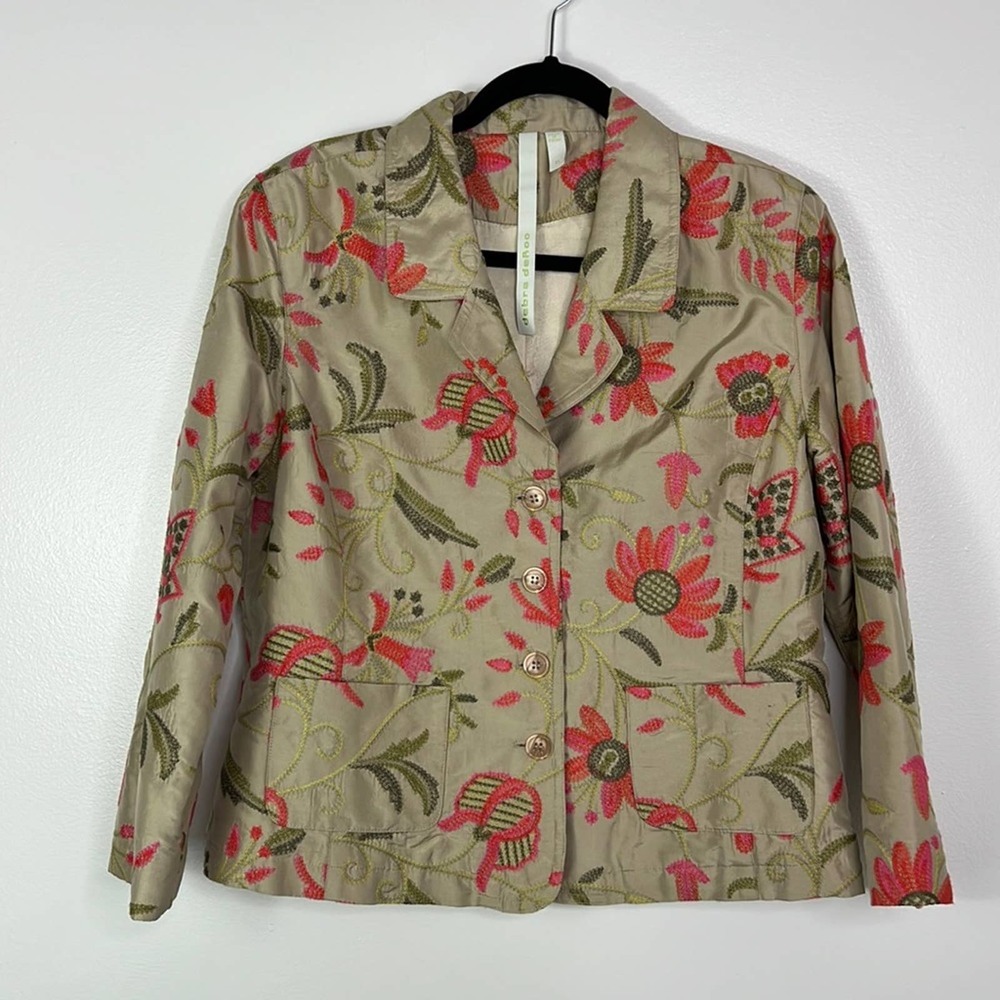 DEBRA DEROO Silk Floral Embroidered Blazer Jacket Womens Medium